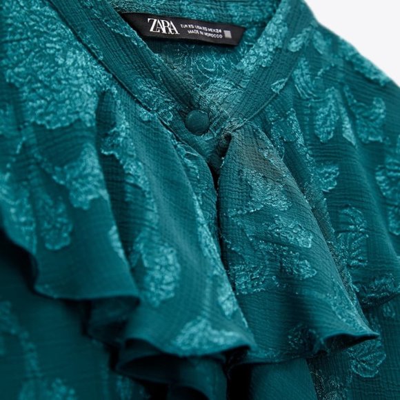 ZARA RUFFLED JACQUARD SHIRT DUCK GREEN SIZE L | 2285/893/538 - Picture 5 of 12